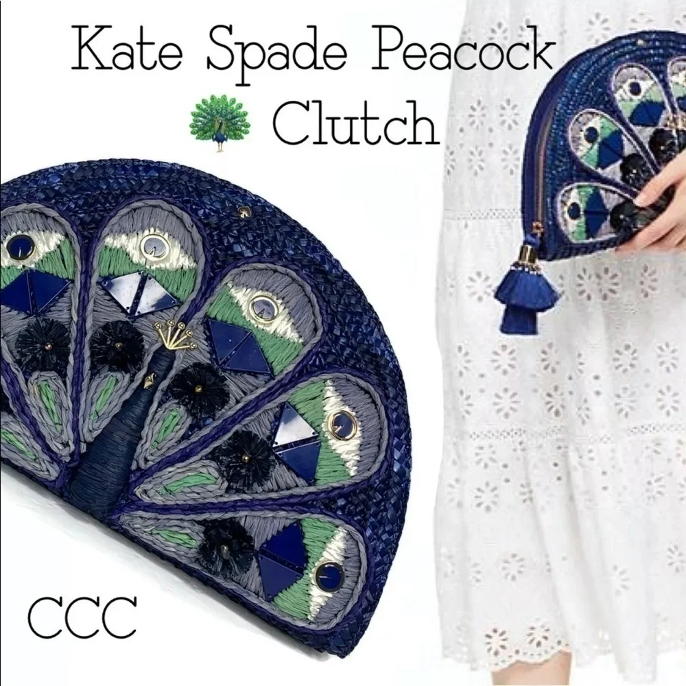 NWT Kate Spade Full Plume Embroidered Straw Peacock Clutch Peacock Wicker Bird
